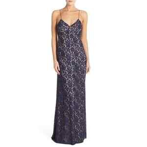 Donna Morgan Spaghetti Strap Long Lace Dress In Navy/Nude Size 2 US $350